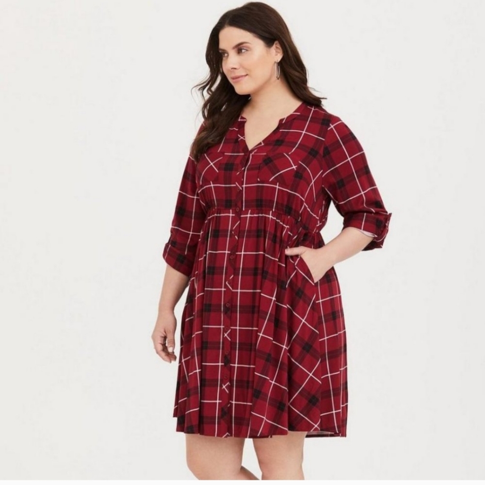 TORRID Mini Challis Button-Front Shirt Dress Red Plaid size 30/6x